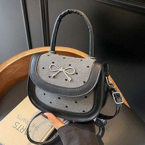 Sac Sous le Bras Baguette avec Noeud pour Femmes Mode Motif à Pois Coeur en Cuir PU Sac à Épaule Casual Sac Bandoulière