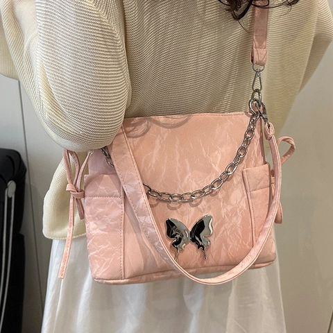 Borsa a Tracolla da Donna in Pelle PU Plissettata Con Fiocco a Farfalla in Metallo Argento Decorazione a Catena