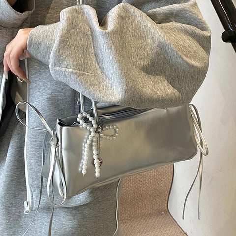 Women Korean Cute Baguette Underarm Bag PU Leather Shoulder Bag With Artificial Pearl Bow Charm Fashion Pillow Bag