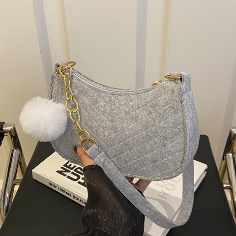 Women Quilted Underarm Shoulder Bag Simple Fashion Crossbody Handbag Nylon Fabric With Gold Chain And White Pom-Pom Pendant