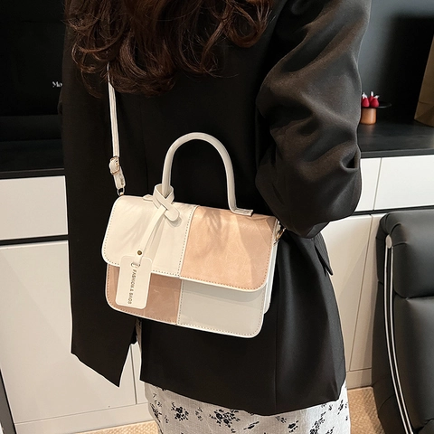 Mujeres Patchwork Cuero PU Cuadrado Bolso de Hombro Color Contraste Bolso de Mano Conmutar Pequeño Tote Con Etiqueta Decorativa Retro Bolso Bandolera