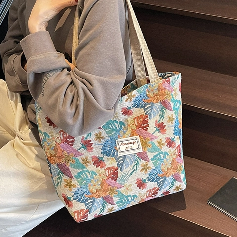 Borsa Tote in Tela Jacquard Floreale Vintage Grande Capacità Borsa a Tracolla da Donna alla Moda per il Pendolarismo Quotidiano Shopping Handbag in Stile Etnico Retrò