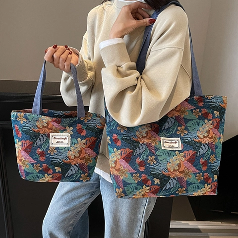 Borsa Tote in Tela Jacquard Floreale Vintage Grande Capacità Borsa a Tracolla da Donna alla Moda per il Pendolarismo Quotidiano Shopping Handbag in Stile Etnico Retrò