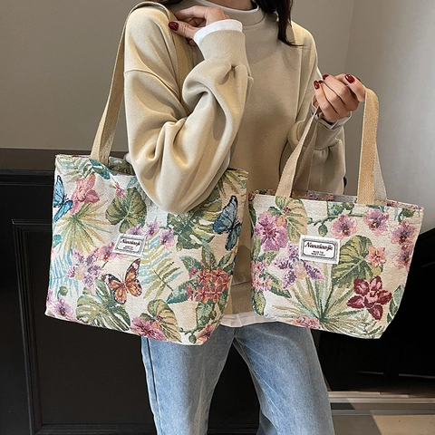 Vintage Floral Jacquard Canvas Tote Tasche Große Kapazität Schultertasche Damen Laptop Handtasche Student Reise Pendeltasche