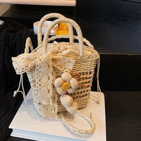 Handgemaakte Geweven Strotas Voor Dames Strandvakantie Kleine Schoudertas Met Kanten Strik En Gebreide Bloemen