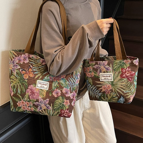 Vintage Floral Jacquard Canvas Tote Tasche Große Kapazität Schultertasche Damen Laptop Handtasche Student Reise Pendeltasche