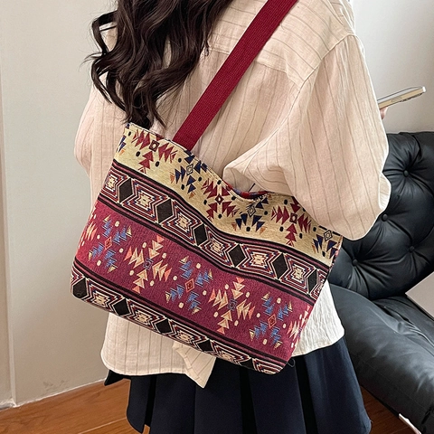 Bolso Tote de Lona Étnica para Mujer Gran Capacidad Patrón Geométrico Jacquard Bohemio Color de Contraste Bolso de Hombro Retro Compras