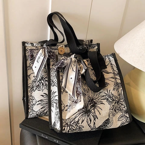 Borsa Tote in Tela Vintage Francese da Donna Stampa Leopardo della Giungla Grande Capacità Borsa a Tracolla Con Sciarpa