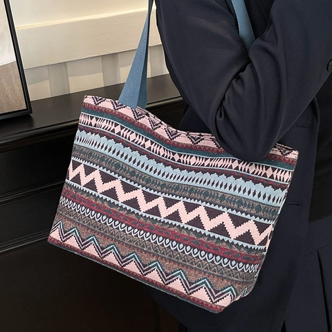 Bolso Tote de Lona Étnica para Mujer Gran Capacidad Patrón Geométrico Jacquard Bohemio Color de Contraste Bolso de Hombro Retro Compras
