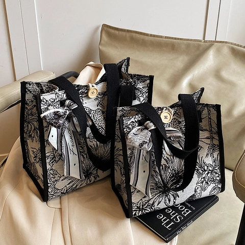 Borsa Tote in Tela Vintage Francese da Donna Stampa Leopardo della Giungla Grande Capacità Borsa a Tracolla Con Sciarpa