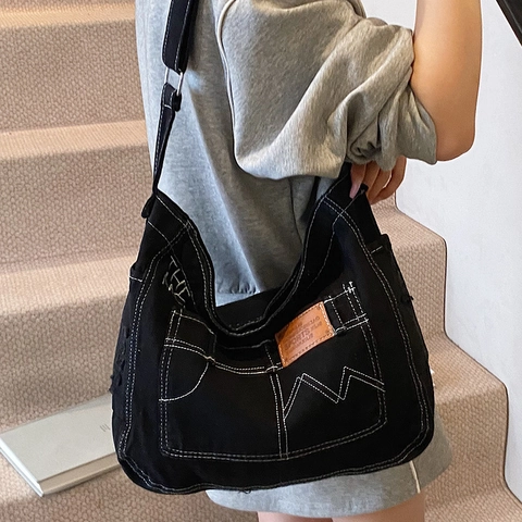 Bolso Tote de Mezclilla Retro de Gran Capacidad para Mujer Bolso de Hombro de Lona Informal de Verano Con Costuras en Contraste
