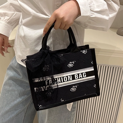 Borsa Tote Vintage in PU da Donna Con Motivo a Rose e Decorazione Fiocco in Pizzo Borsa a Tracolla Moda Stampa Lettere