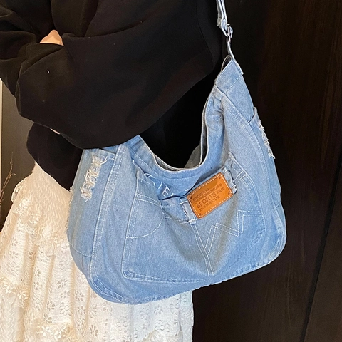 Bolso Tote de Mezclilla Retro de Gran Capacidad para Mujer Bolso de Hombro de Lona Informal de Verano Con Costuras en Contraste