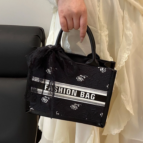 Borsa Tote Vintage in PU da Donna Con Motivo a Rose e Decorazione Fiocco in Pizzo Borsa a Tracolla Moda Stampa Lettere