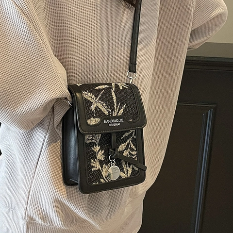 Borsa a Tracolla Piccola in Pelle PU e Tela con Cuciture e Stampa Floreale a Foglia per Donna Mini Borsa per Cellulare Moda