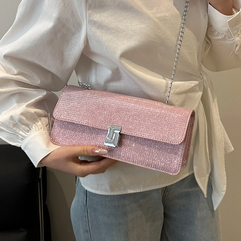 Fashion Glitter PU Women Square Shoulder Bag Chain Crossbody Purse Evening Clutch For Party Banquet Urban Minimalist Handbag