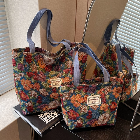 Borsa Tote in Tela Jacquard a Fiori Vintage per Donna Grande Capacità Borsa a Tracolla Etnica Casual Borsa per Pendolari per la Scuola