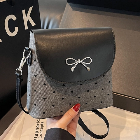 Damen Mode Schleife Umhängetasche 2025 Neuer Trend Herz Punktmuster Druck PU Patchwork Beuteltasche Schultertasche Silber Schleife Schnalle Mini Handtasche