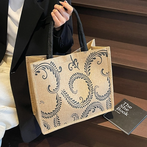 Large Capacity Linen Tote Bag Women Vintage Leaf Print Jute Handbag Fashion Durable Shoulder Bag Daily Shopper Bag