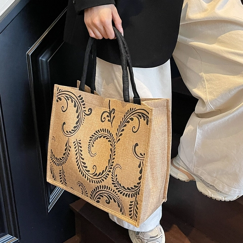 Large Capacity Linen Tote Bag Women Vintage Leaf Print Jute Handbag Fashion Durable Shoulder Bag Daily Shopper Bag