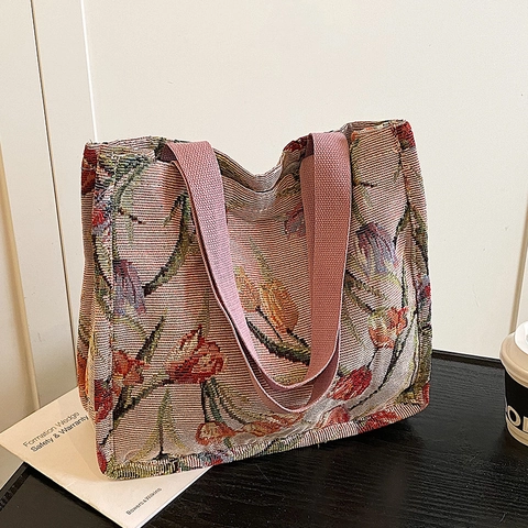 Borsa Tote da Donna in Tela Jacquard con Fiori di Tulipano Retrò Pastorale Grande Capacità Borsa a Tracolla per Viaggi Casual