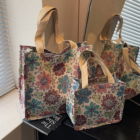 Borsa Tote Jacquard Floreale Stile Etnico per Donna Borsa a Tracolla in Tela Resistente Grande Capacità Borsa da Ufficio