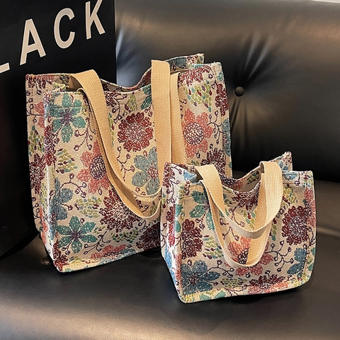 Borsa Tote Jacquard Floreale Stile Etnico per Donna Borsa a Tracolla in Tela Resistente Grande Capacità Borsa da Ufficio