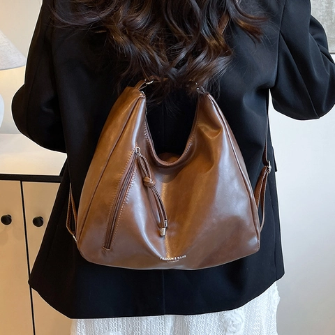 Borsa a Spalla Donna in Pelle PU Retro Grande Capacità Borsa Tote con Cerniera a Nappina Hobo Multifunzionale per Pendolari