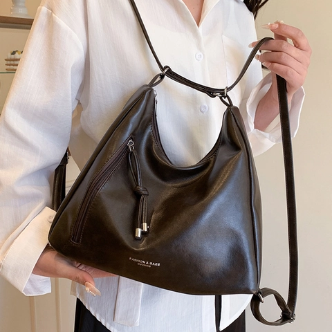Borsa a Spalla Donna in Pelle PU Retro Grande Capacità Borsa Tote con Cerniera a Nappina Hobo Multifunzionale per Pendolari