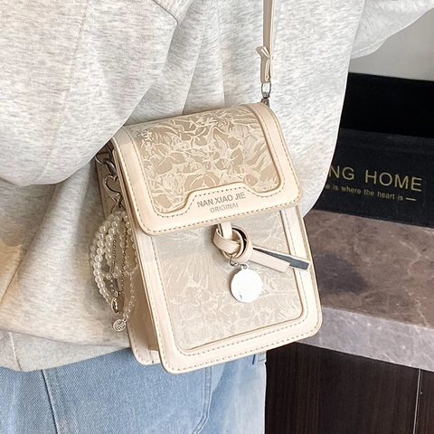 Women Fashion PU Leather Small Square Phone Bag With Artificial Pearl Charm Embossed Floral Shoulder Bag Casual Crossbody Bag