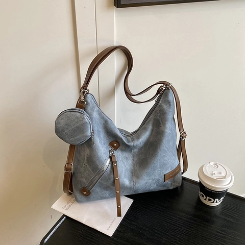 Large Capacity Retro PU Leather Fashion Backpack For Women Simple Contrast Color Underarm Bag With Mini Round Pouch Shoulder Bag Commuter Tote