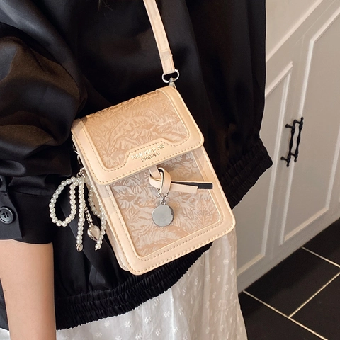 Women Fashion PU Leather Small Square Phone Bag With Artificial Pearl Charm Embossed Floral Shoulder Bag Casual Crossbody Bag