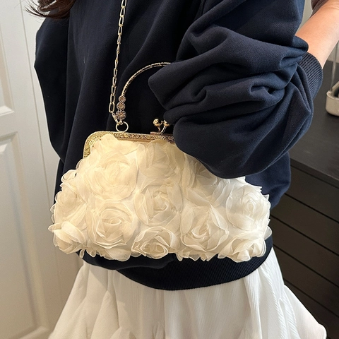Luxus 3D Rosenblüten Abendtasche Für Damen Vintage Mesh Floral Clutch Tasche Mit Ketten Schultergurt Gold Metallgriff
