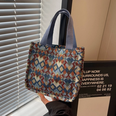 Boheems Geometrisch Patroon Canvas Tote Tas Voor Dames Grote Capaciteit Geweven Schoudertas Etnische Stijl Casual Handtas Woon-werkverkeer