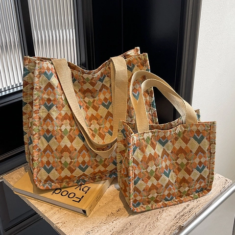 Boheems Geometrisch Patroon Canvas Tote Tas Voor Dames Grote Capaciteit Geweven Schoudertas Etnische Stijl Casual Handtas Woon-werkverkeer