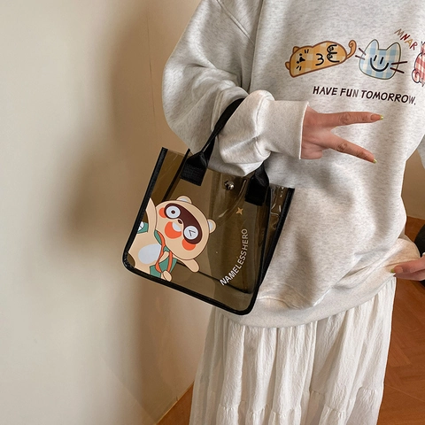 Damen Mode Transparente PVC Gelee Tragetasche Cartoon Tier Druck Wasserdicht Tragbare Handtasche Süße Tägliche Einkaufstasche
