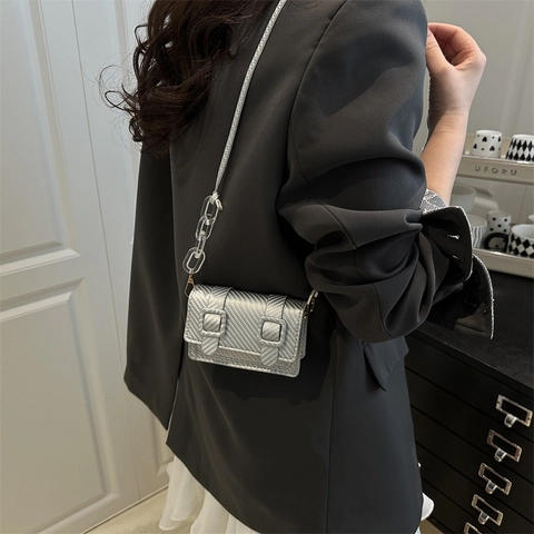 Moda Donna PU Mini Borsa a Tracolla Catena in Acrilico Trama in Fibra di Carbonio Borsa Sottobraccio Quadrata Per Festa