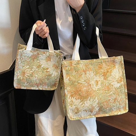 Vintage Floral Jacquard Leinwand Einkaufstasche Für Damen Große Kapazität Business Pendler Handtasche Elegante Gewebte Blume Schultertasche