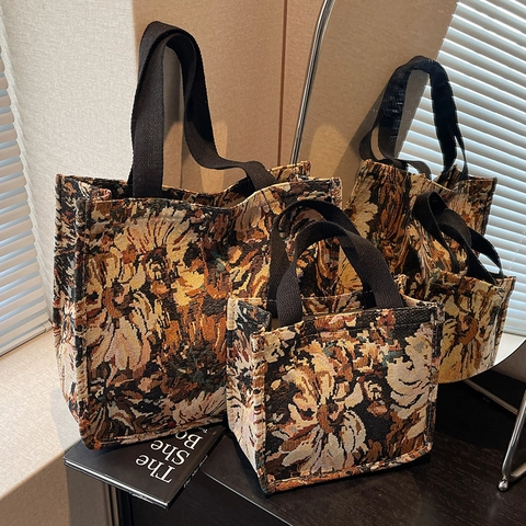 Vintage Floral Jacquard Leinwand Einkaufstasche Für Damen Große Kapazität Business Pendler Handtasche Elegante Gewebte Blume Schultertasche