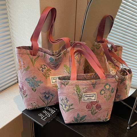 Vintage Floral Jacquard Canvas Tote Bag For Women Large Capacity Shoulder Bag Retro Flower Pattern Daily Shopping Handbag