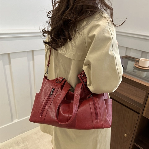 Bolso de Hombro de Cuero PU de Gran Capacidad Vintage para Mujer Estilo Motocicleta Bolso Tote para Viajes Uso Diario