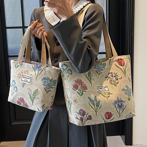 Vintage Floral Jacquard Canvas Tote Bag For Women Large Capacity Shoulder Bag Retro Flower Pattern Daily Shopping Handbag