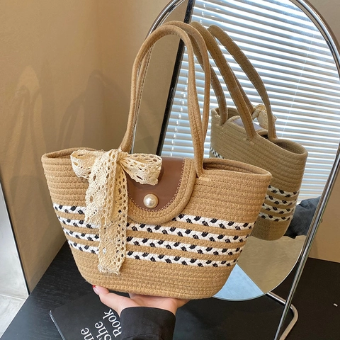 Borsa Tote in Cotone Intrecciato Grande Capacità Donna Estate Spiaggia Borsa a Tracolla Con Bottone di Perla Fiocco in Pizzo