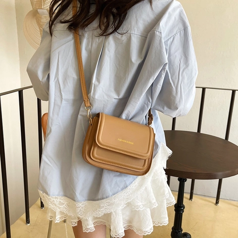 Retro PU Leder Umhängetasche Für Damen Kleine Quadratische Schultertasche Buchstabendruck Mode Casual Messenger Bag Mit Klappe