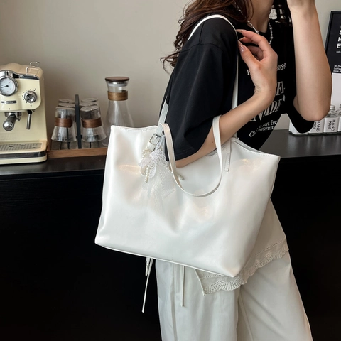 Dames Grote Tote Tas Casual Minimalistisch PU Leer Schoudertas Met Parel Kant Strik Hanger Mode Handtas