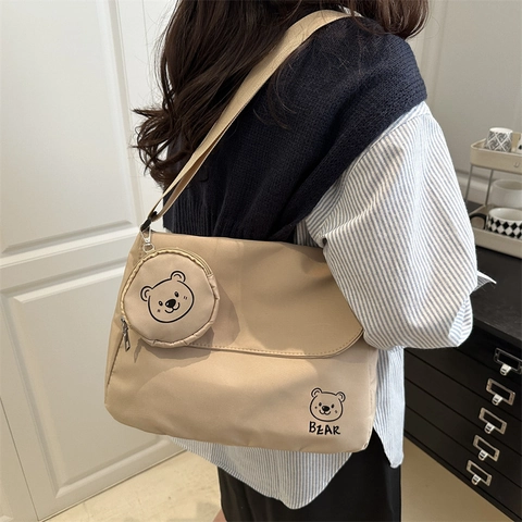 Dames Canvas Messenger Bag Met Mini Ronde Pouch Schattige Cartoon Beer Print Grote Capaciteit Eenvoudige Casual Schoudertas Voor School Dagelijks