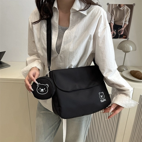 Dames Canvas Messenger Bag Met Mini Ronde Pouch Schattige Cartoon Beer Print Grote Capaciteit Eenvoudige Casual Schoudertas Voor School Dagelijks