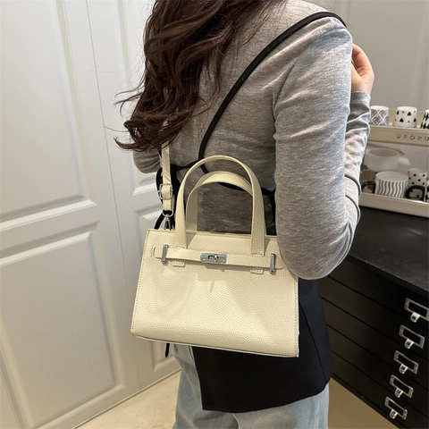 Women PU Leather Litchi Texture Handbag Fashion Shoulder Crossbody Bag With Metal Lock Elegant Solid Color Tote Purse