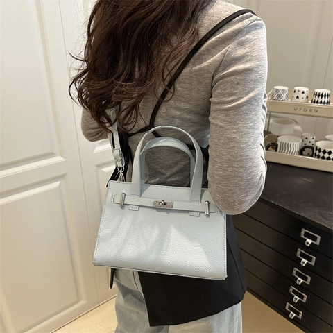 Women PU Leather Litchi Texture Handbag Fashion Shoulder Crossbody Bag With Metal Lock Elegant Solid Color Tote Purse