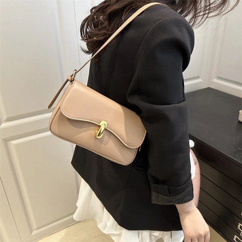 Damen Mode Minimalistisch PU Leder Achsel Tasche Trendy Einfarbig Klein Quadratisch Schulter Tasche Mit Goldenem Metallschloss
